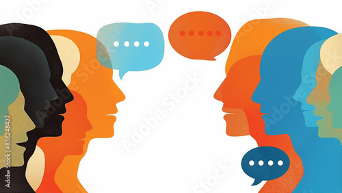 Wallpaper Mural Illustration of two distinct groups engaged in a lively exchange of ideas with speech bubbles. Ideal for communication or conversation concepts. Torontodigital.ca