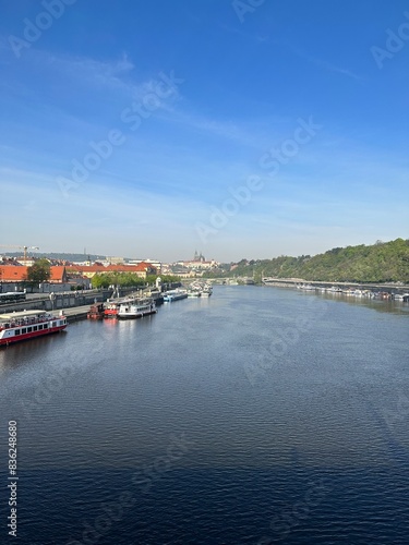 View of the Vltava River with Boats from the Štefanik Bridge (Štefánikův most) in Prague, Czechia (Czech Republic) photo