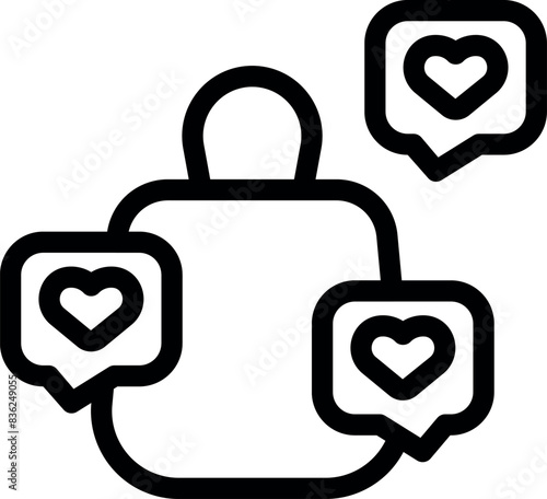 Outline of a social media notification icon surrounded by hearts, expressing popularity and affection online