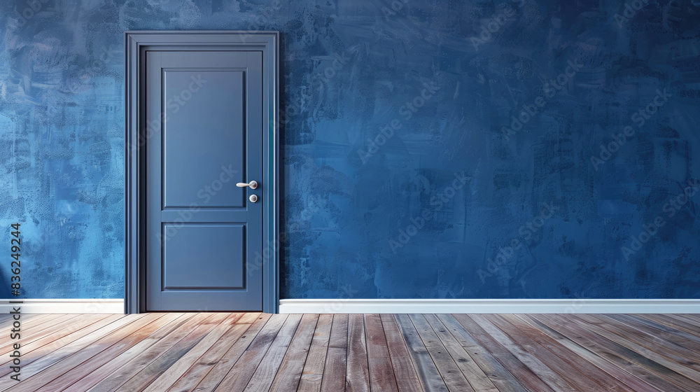 Minimalist dark blue wooden door in a modern interior in blue colors. Copy space. Minimalist dark blue wooden door in a modern interior in blue colors. Copy space.