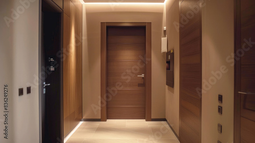Brown wooden door in contemporary apartment interior. 