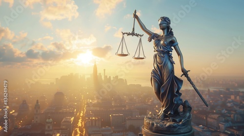 Statue of Themis, the goddess of justice, stands on the top of skyscraper, holding a balance scale, city on background.

