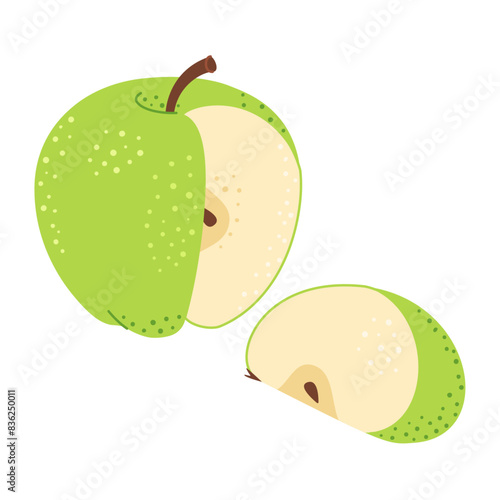 Cut apple with apple wedge cartoon set. Cross section of cut apple, slices fruit, Hand drawn trendy flat style isolated Vector illustration
