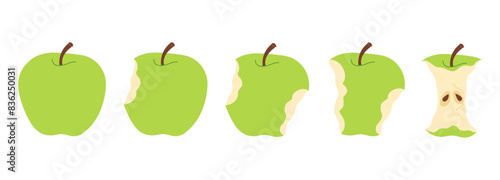 Apple eating steps cartoon icon set. Stages of biting green ripe apple from whole to half and core, bite progression cartoon set sequence animation of eaten fruit Trendy flat style vector illustration