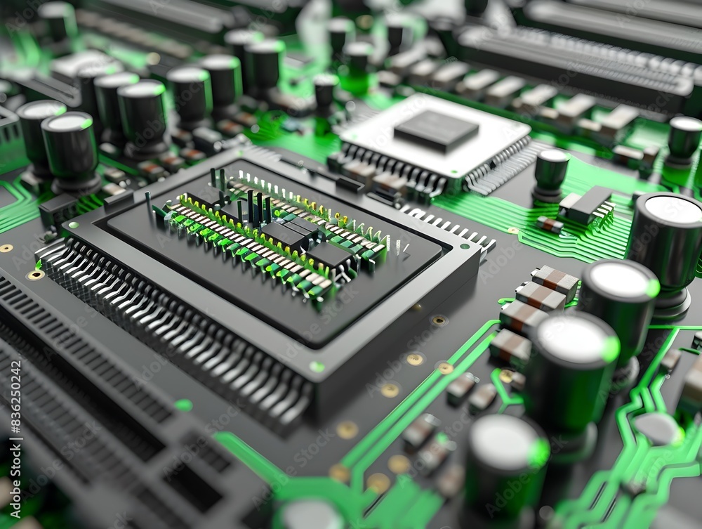 Closeup view of an energy efficient computer processor with green accents showcasing advanced semiconductor technology for optimized performance power efficiency and environmental sustainability Closeup view of an energy efficient computer processor with green accents showcasing advanced semiconductor technology for optimized performance power efficiency and environmental sustainability