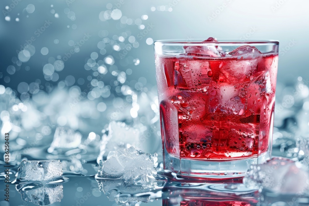 This photorealistic stock photo features a sleek glass filled with a vibrant sorbet-red drink and ice cubes, exuding modern style and sophistication. Perfect for advertising posters, the image This photorealistic stock photo features a sleek glass filled with a vibrant sorbet-red drink and ice cubes, exuding modern style and sophistication. Perfect for advertising posters, the image