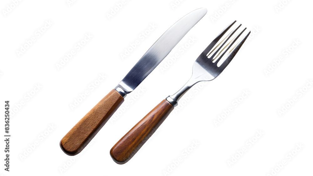 Fototapeta premium Shiny stainless steel knife and fork lie side-by-side on a white background