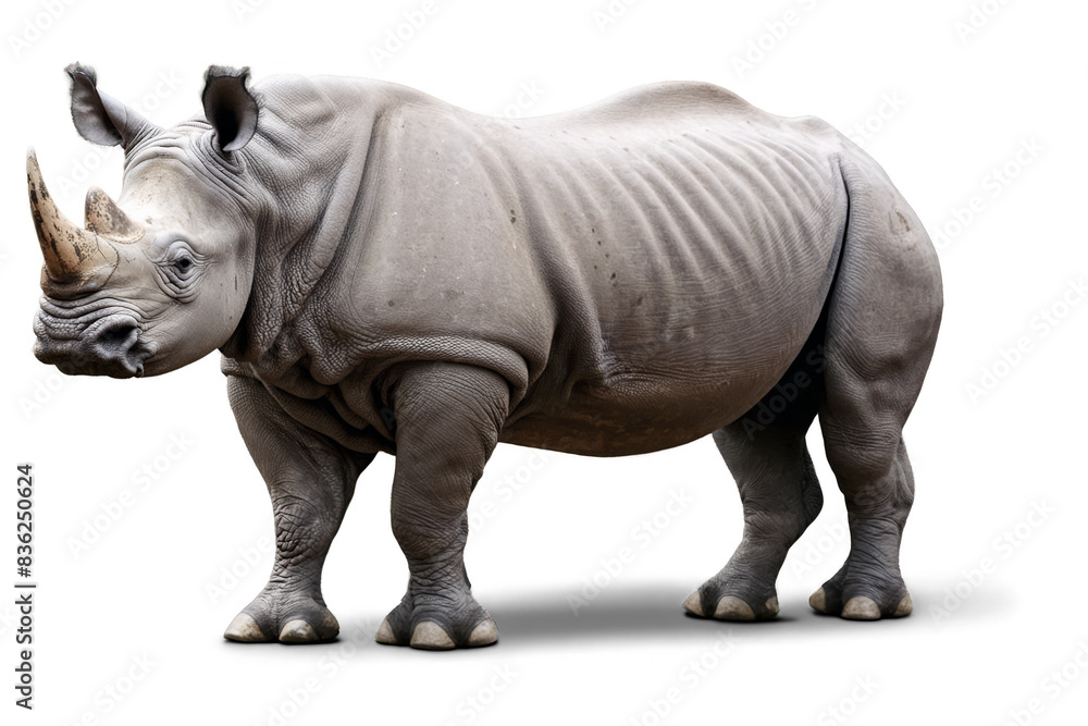 Fototapeta premium A detailed, lifelike image of a rhinoceros standing on a transparent, white background in a png file format