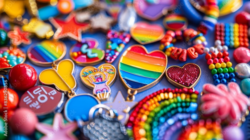 A rainbow flag is displayed with a variety of colorful beads and trimmings A rainbow flag is displayed with a variety of colorful beads and trimmings