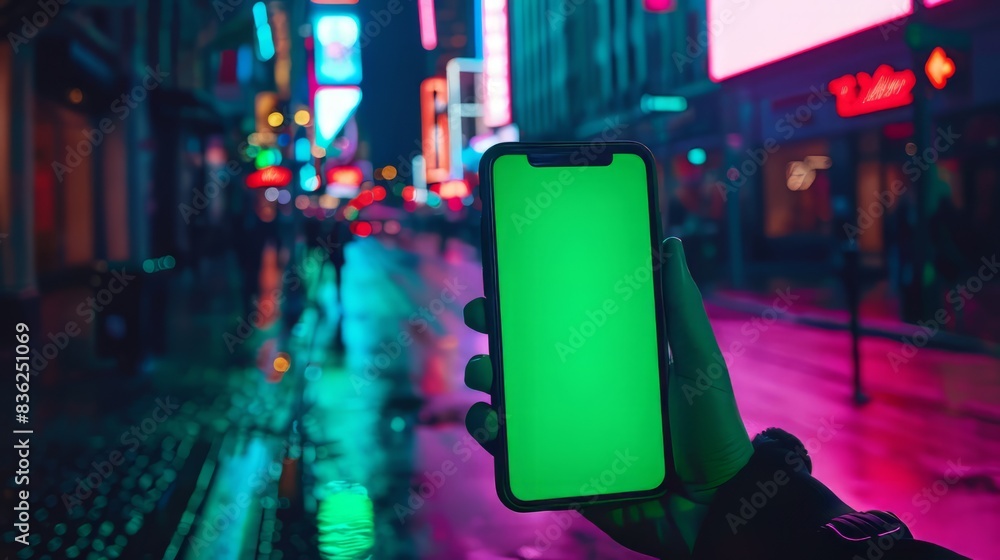 hand holding a smartphone with a green screen in a busy city street at night. hand holding a smartphone with a green screen in a busy city street at night.
