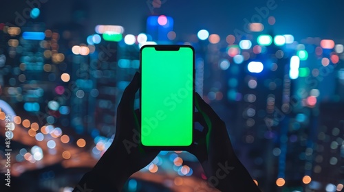 hand holding a smartphone with a green screen in front of a blurred background of a city at night.