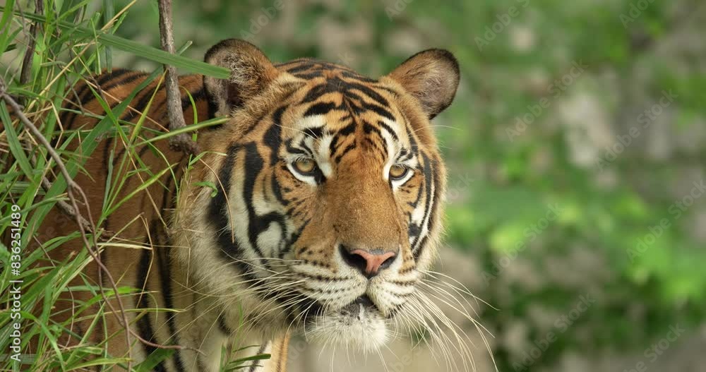 Tiger hiding behind a tree, ready to hunt. Indochinese Tiger or Corbett's tiger (Panthera tigris corbetti), High definition shot at 4K video footage. Tiger hiding behind a tree, ready to hunt. Indochinese Tiger or Corbett's tiger (Panthera tigris corbetti), High definition shot at 4K video footage.