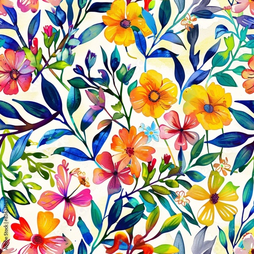 A colorful seamless pattern with an assortment of watercolor flowers and leaves, creating a vibrant and repetitive design