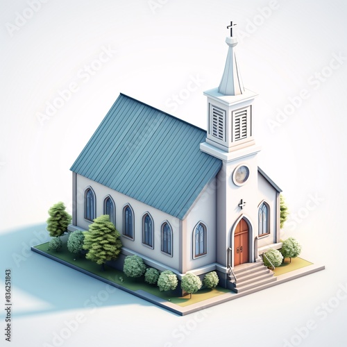 a white church with a steeple and trees photo