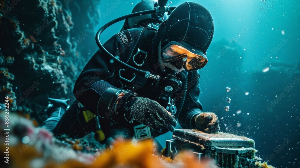 A man is diving in the ocean and is surrounded by seaweed A man is diving in the ocean and is surrounded by seaweed