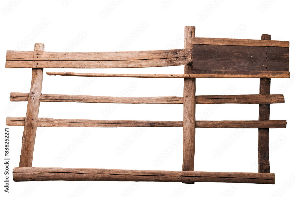 Rustic wooden fence panel with a transparent, natural look, standing against a white background, png format Rustic wooden fence panel with a transparent, natural look, standing against a white background, png format