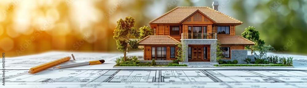 3D model of a house on architectural blueprints with pencils. Concept of real estate, construction, and modern home design on blurred background. 3D model of a house on architectural blueprints with pencils. Concept of real estate, construction, and modern home design on blurred background.