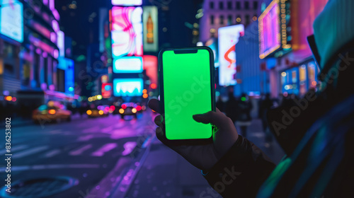 person holding a smartphone with a green screen in Times Square, New York City.