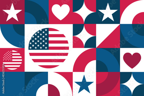 4th of July. Happy Independence Day. USA. Seamless geometric pattern. Template for background, banner, card, poster. Vector EPS10 illustration.