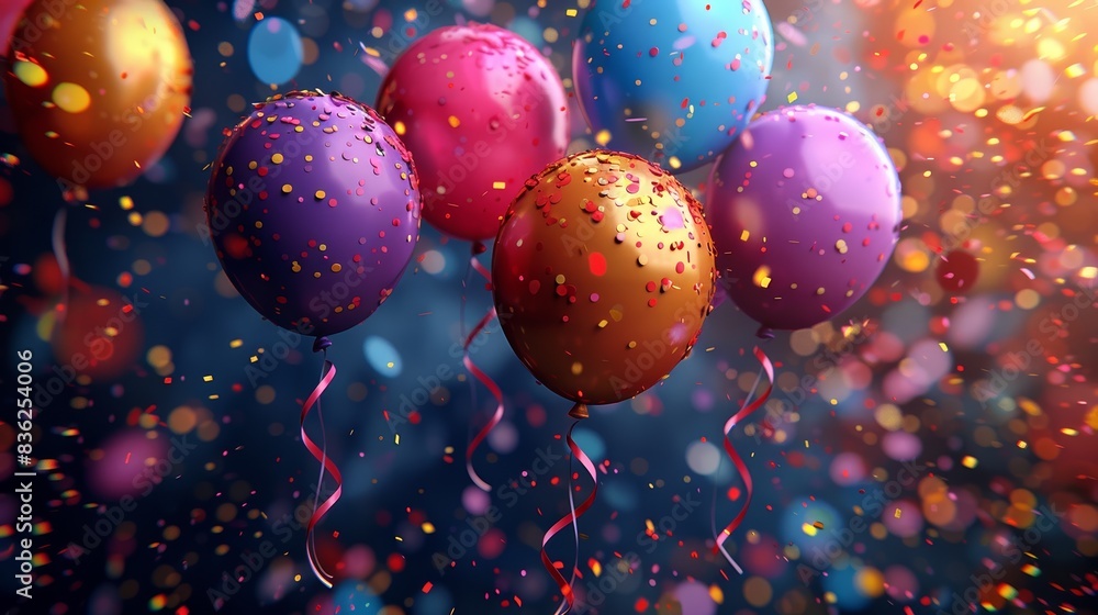 Colorful balloons floating amidst golden confetti create a festive and celebratory atmosphere in a vibrant party setting. Colorful balloons floating amidst golden confetti create a festive and celebratory atmosphere in a vibrant party setting.