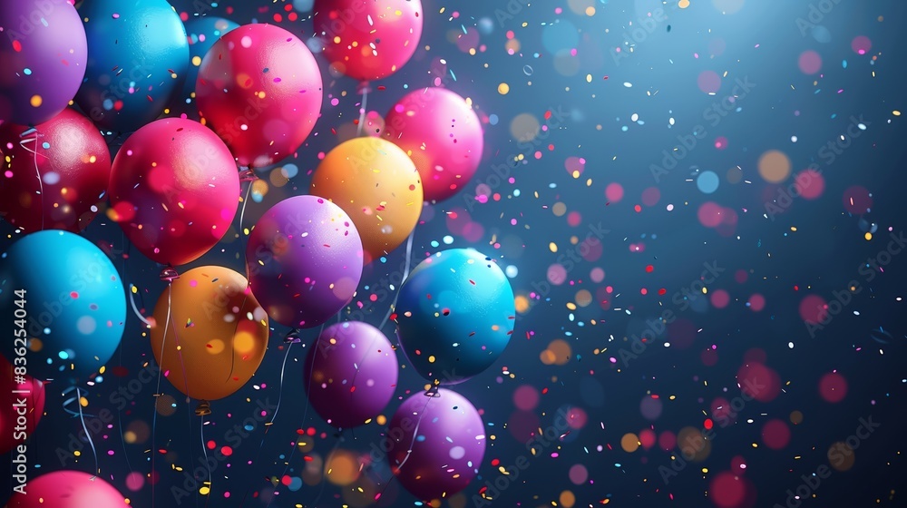 Colorful balloons floating with vibrant confetti in a celebratory atmosphere with dramatic lighting, perfect for party-themed visuals. Colorful balloons floating with vibrant confetti in a celebratory atmosphere with dramatic lighting, perfect for party-themed visuals.