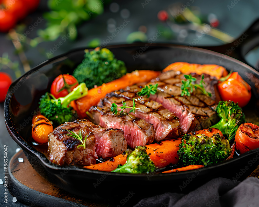 Grilled beef steak with grilled vegetables, carrots, tomatoes, broccoli, in a cast iron pan Grilled beef steak with grilled vegetables, carrots, tomatoes, broccoli, in a cast iron pan