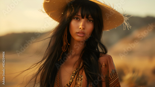portrait of a girl in a straw hat shoot beauty shoot sand dunes model inspire serenity sand pattern closeup model sitting gracefully on a sand dune, her gaze directed Generative Ai photo