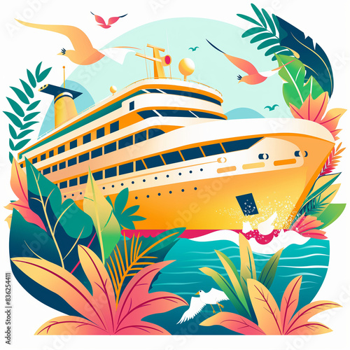  Flat illustration of a cruise ship surrounded by tropical foliage and seagulls,