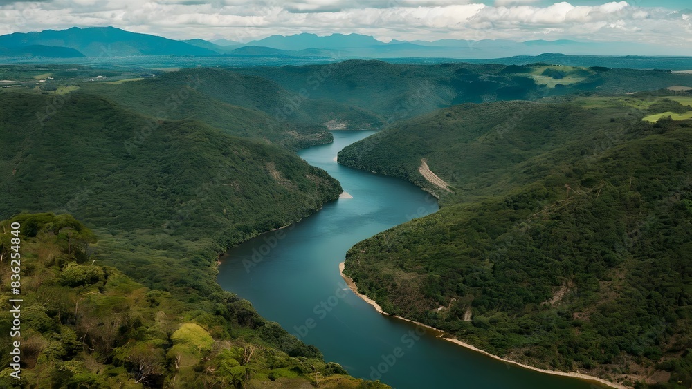 A breathtaking aerial view of a winding river cutting through a lush, green forest, with mountains in the distance. A breathtaking aerial view of a winding river cutting through a lush, green forest, with mountains in the distance.