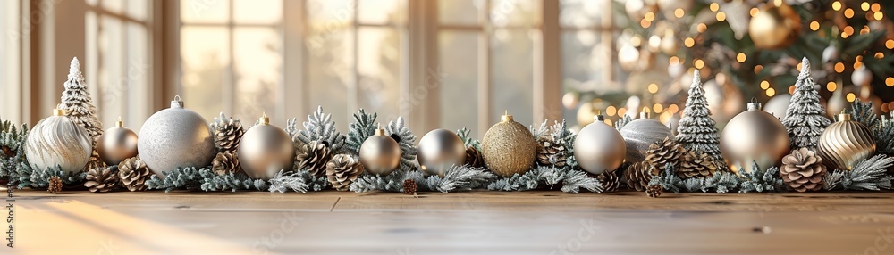 Elegant Christmas wreath with golden ornaments and pinecones on a wooden table, with a decorated tree in a cozy, sunlit room. Elegant Christmas wreath with golden ornaments and pinecones on a wooden table, with a decorated tree in a cozy, sunlit room.