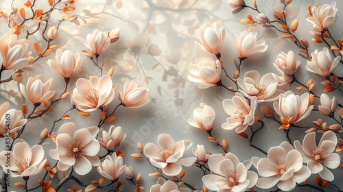 Elegant floral background with delicate white and peach flowers in soft focus, perfect for wedding, spring, and nature themes. © admin_design
