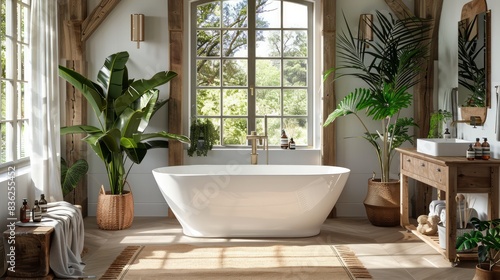 A bathroom with a large bathtub and a lot of plants