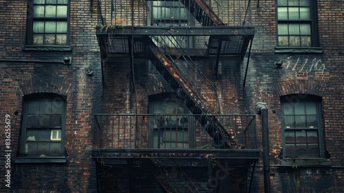 A brick building with a fire escape ladder on the side