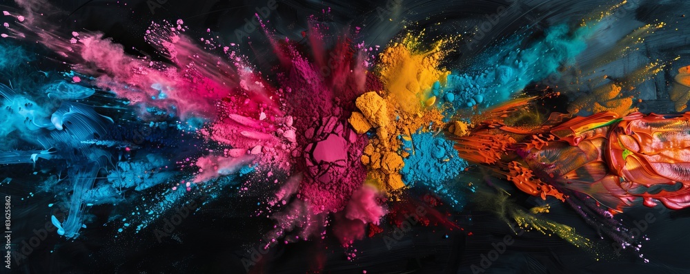 Explosive burst of colorful powders on a dark background Explosive burst of colorful powders on a dark background