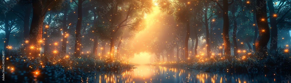 Fototapeta premium Enchanted forest scene with glowing fireflies and magical lighting creating a dreamy and whimsical atmosphere at dusk.