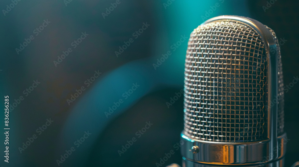 Close up of an old fashioned broadcasting microphone classic design with metallic mesh perfect for voice over recordings or a vintage radio station setting Close up of an old fashioned broadcasting microphone classic design with metallic mesh perfect for voice over recordings or a vintage radio station setting
