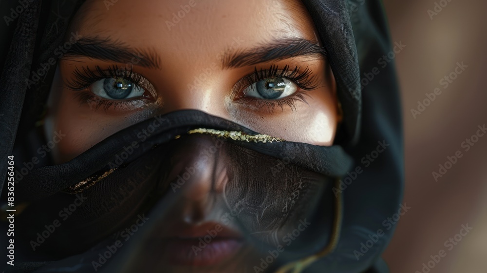 Close up of a woman face with a black veil and beautiful eyes looking forward wallpaper AI generated image Close up of a woman face with a black veil and beautiful eyes looking forward wallpaper AI generated image