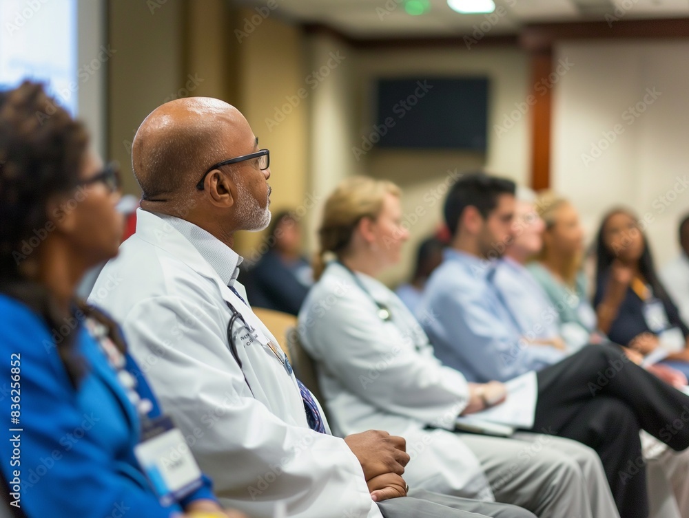 Fototapeta premium doctor teaching on a seminar at convention center, medical team sitting and listening presenter