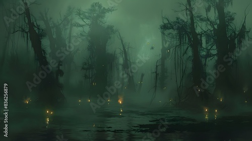 A dark, eerie swamp with twisted trees, thick fog, and glowing will-o'-wisps leading the way through the murky waters
