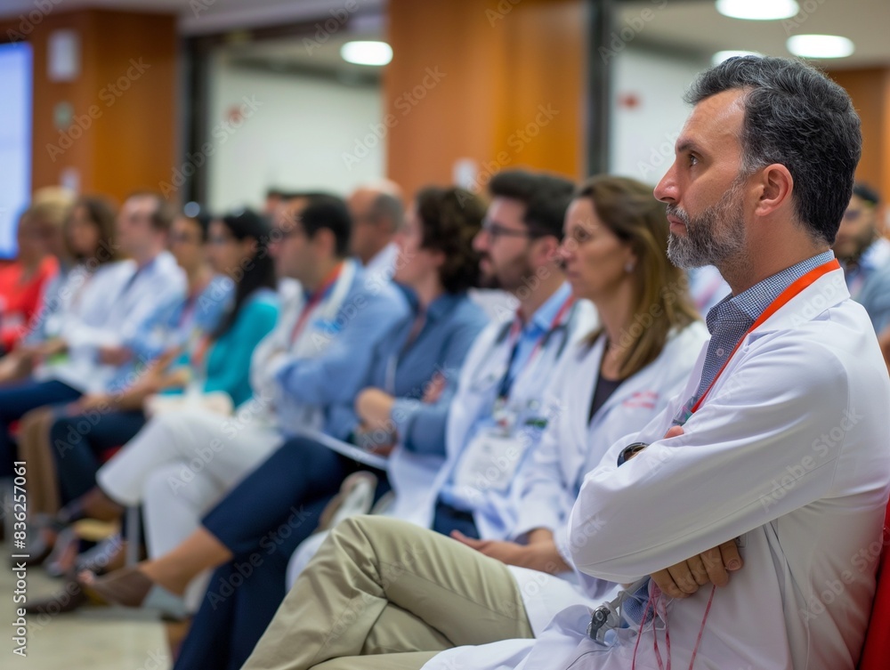 doctor teaching on a seminar at convention center, medical team sitting and listening presenter doctor teaching on a seminar at convention center, medical team sitting and listening presenter