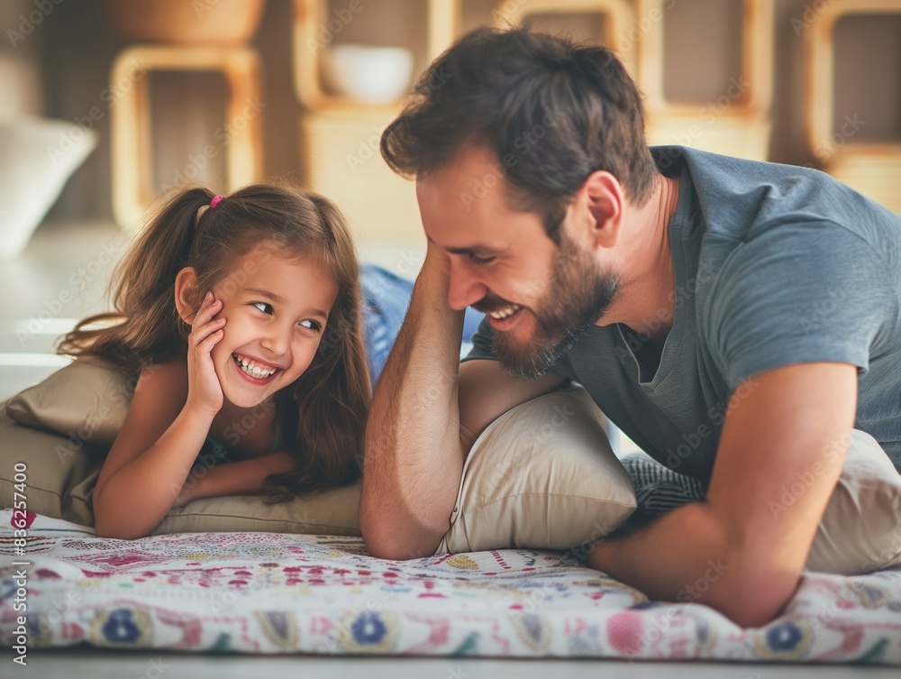 Dad and little girl together, father with daughter lying on floor, laughing together Dad and little girl together, father with daughter lying on floor, laughing together