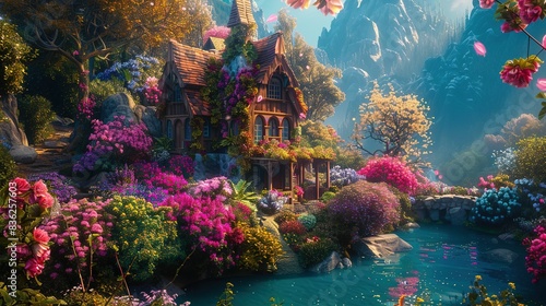 Fairy storybook house on the river UHD wallpaper