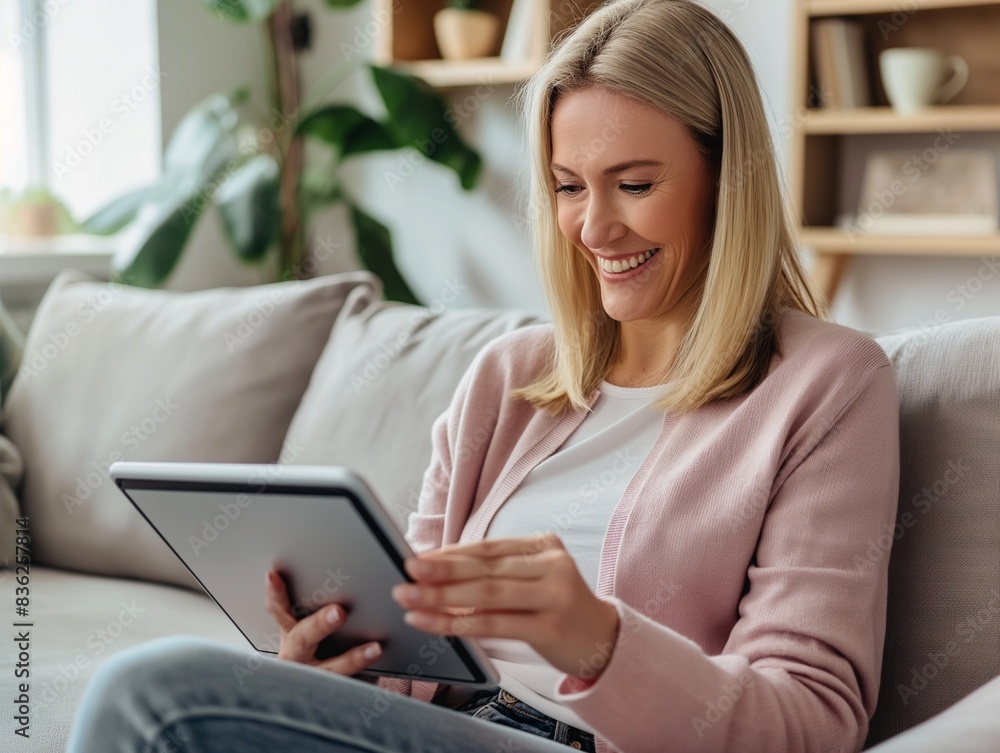 Mature woman using digital tablet at home, talking on video call in her living room Mature woman using digital tablet at home, talking on video call in her living room