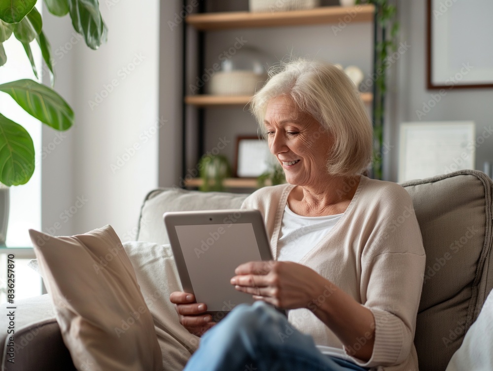 Senior woman using digital tablet at home, talking on video call in her living room Senior woman using digital tablet at home, talking on video call in her living room