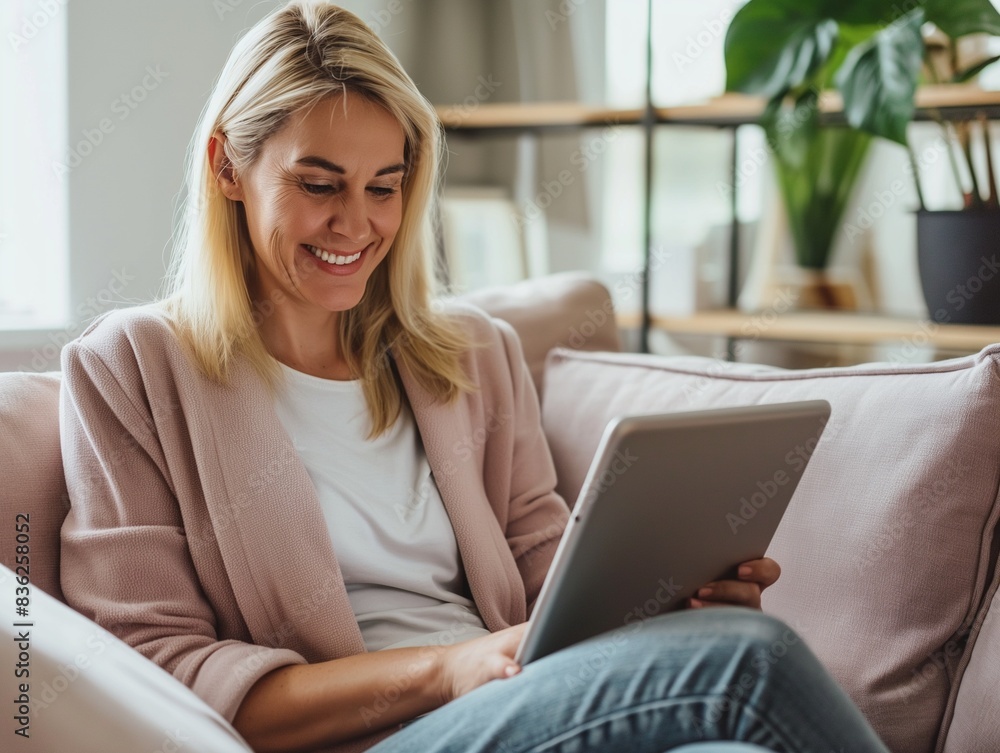 Mature woman using digital tablet at home, talking on video call in her living room Mature woman using digital tablet at home, talking on video call in her living room