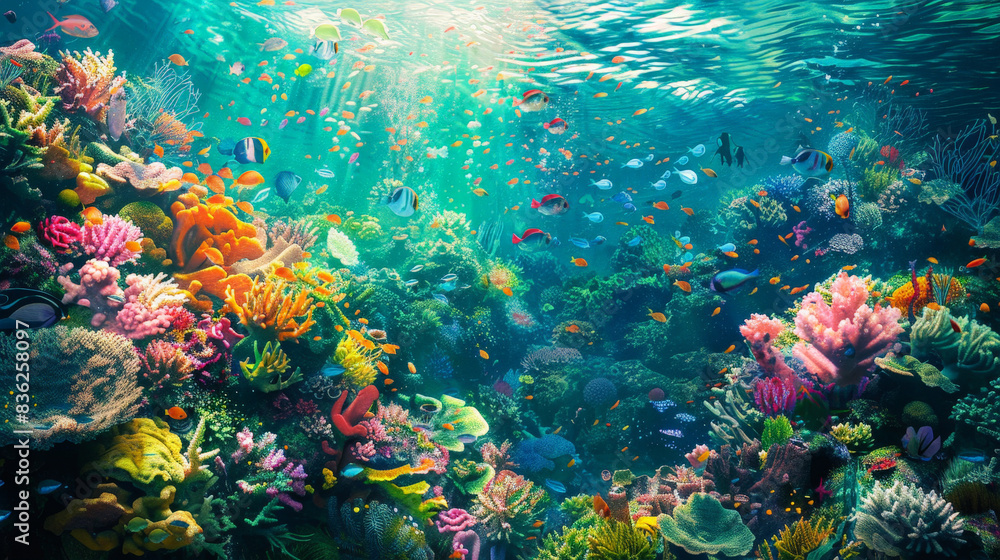 Naklejka premium Underwater Symphony: Vibrant Coral Reef World Advocating for Ocean Conservation