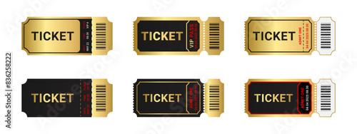 Ticket and coupon in black gold color isolated on background