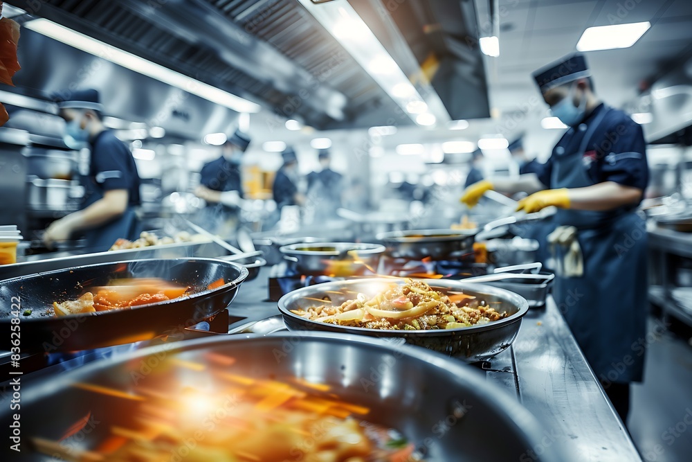 Chefs in Blue Uniforms Preparing Dishes in Busy Professional Kitchen Chefs in Blue Uniforms Preparing Dishes in Busy Professional Kitchen