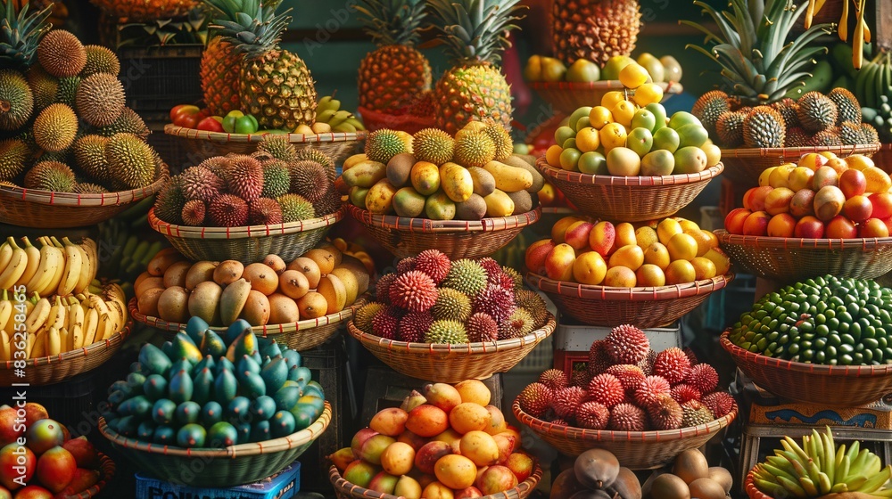 Detailed shot of a market scene with vibrant displays of tropical fruits like durians, pineapples, bananas, and passion fruits in colorful baskets