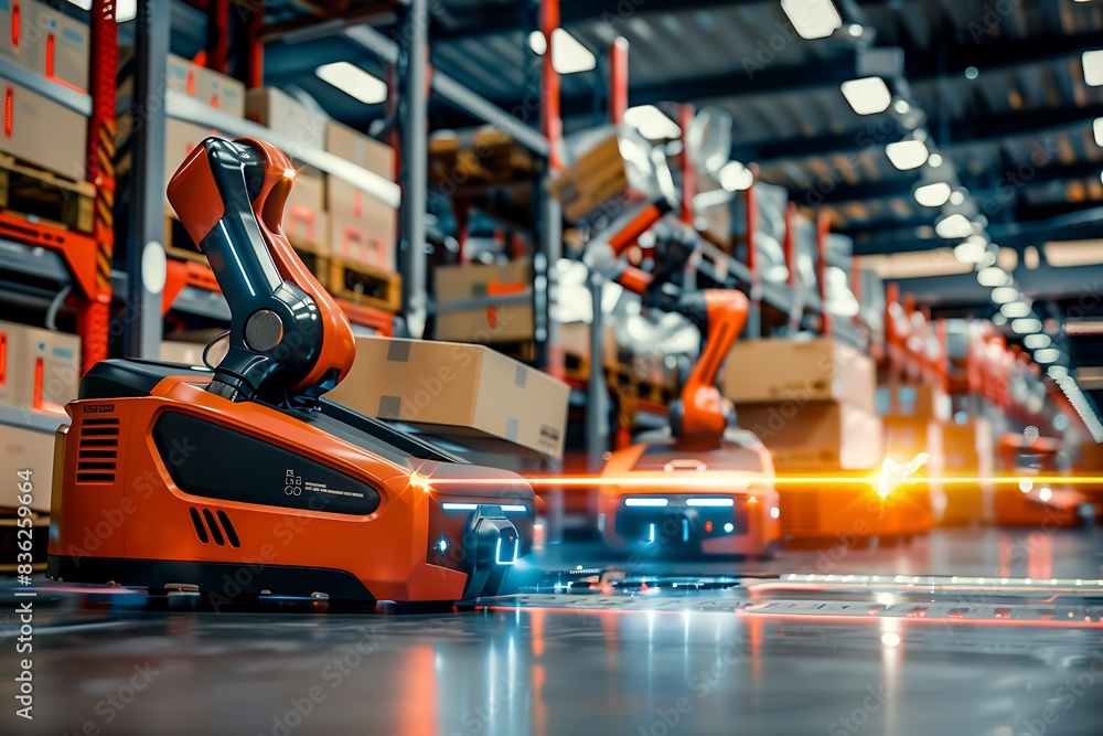 Fototapeta premium Advanced Automation Warehouse Robots Sorting Packages in High-Tech Setting